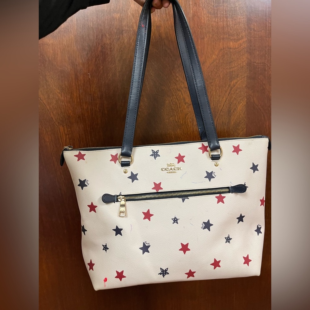 Coach Cream Leather Tote with Red and Navy Star Print